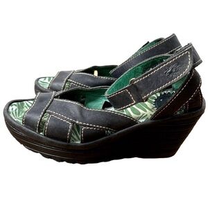 “FLY LONDON - YOSSA” BLACK WEDGE SANDALS SIZE 37 EUC